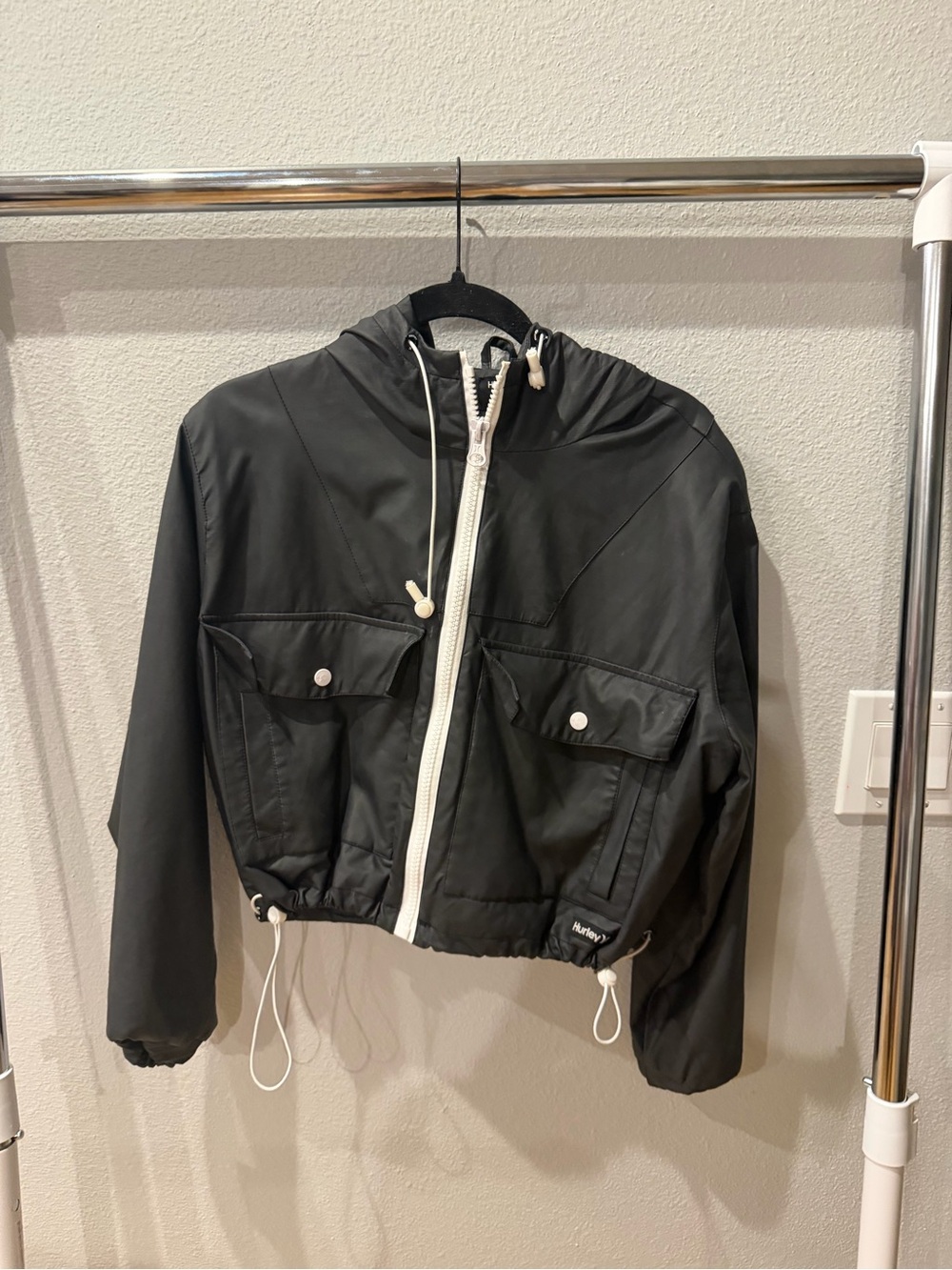 Hurley Black Hooded Cropped Utility Jacket with White Zipper